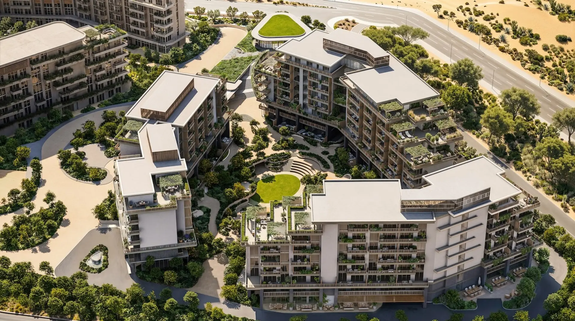 Aerial render of buildings and landscaped courtyards at The Yards by Beyond