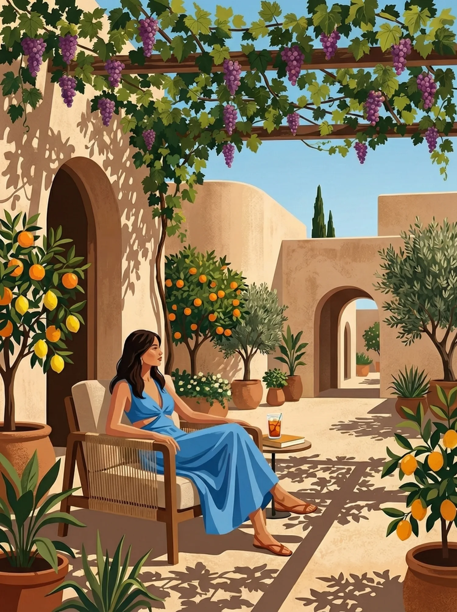 Illustration of a Mediterranean-style courtyard at The Yards by Beyond with orange trees and arched walls