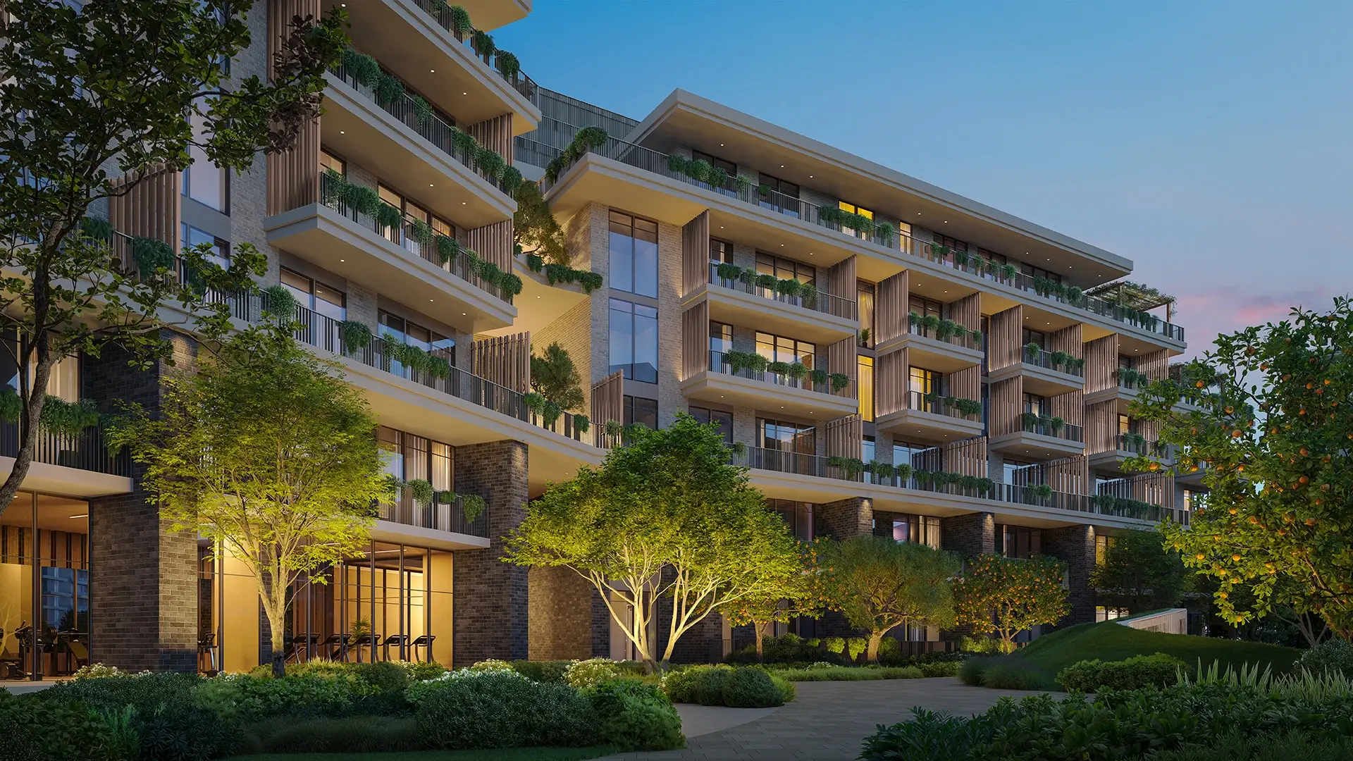Arancia Yards residences with balconies above landscaped gardens