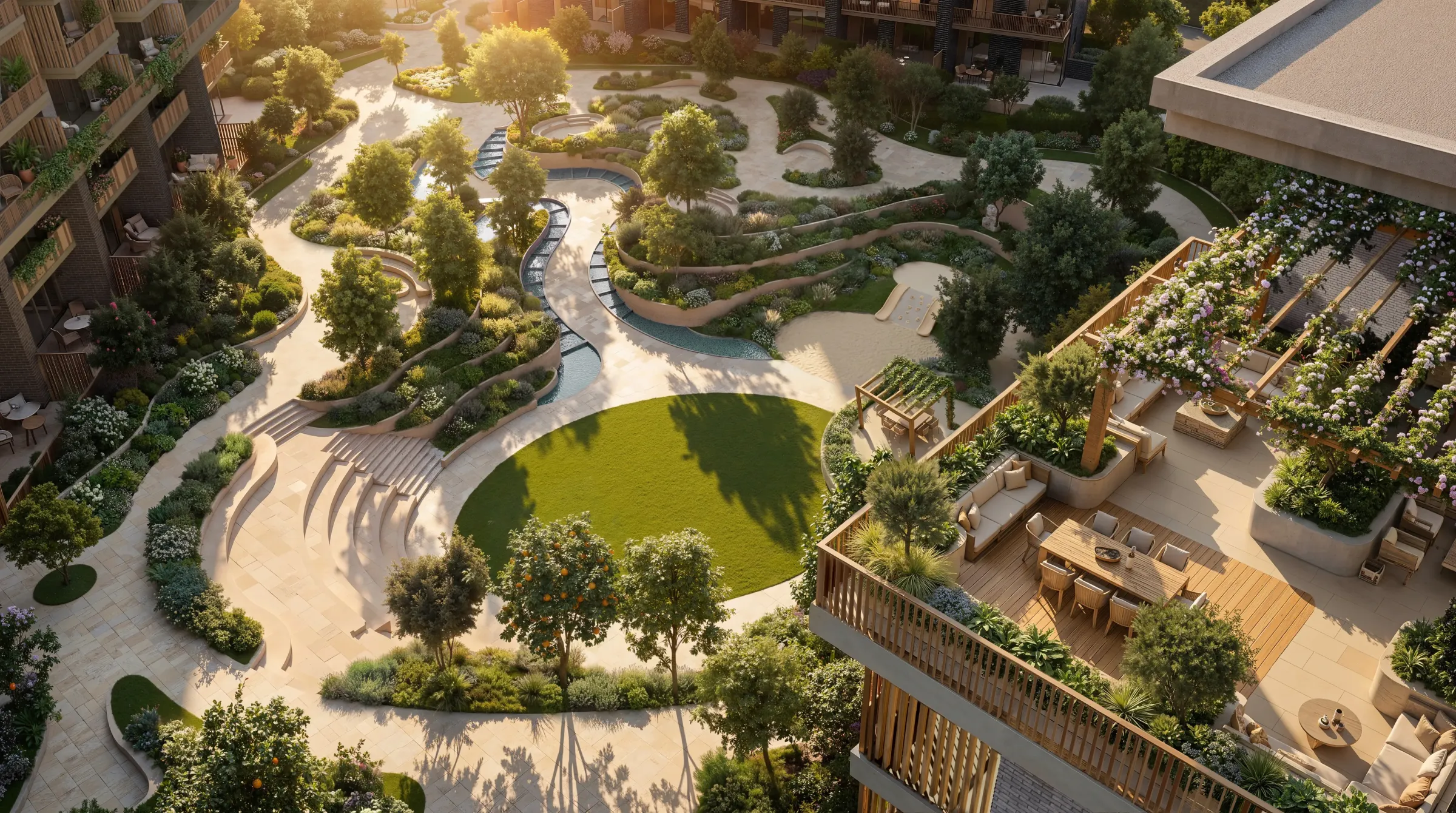 Aerial render of the 4,000 sqm sunken garden at Arancia Yards