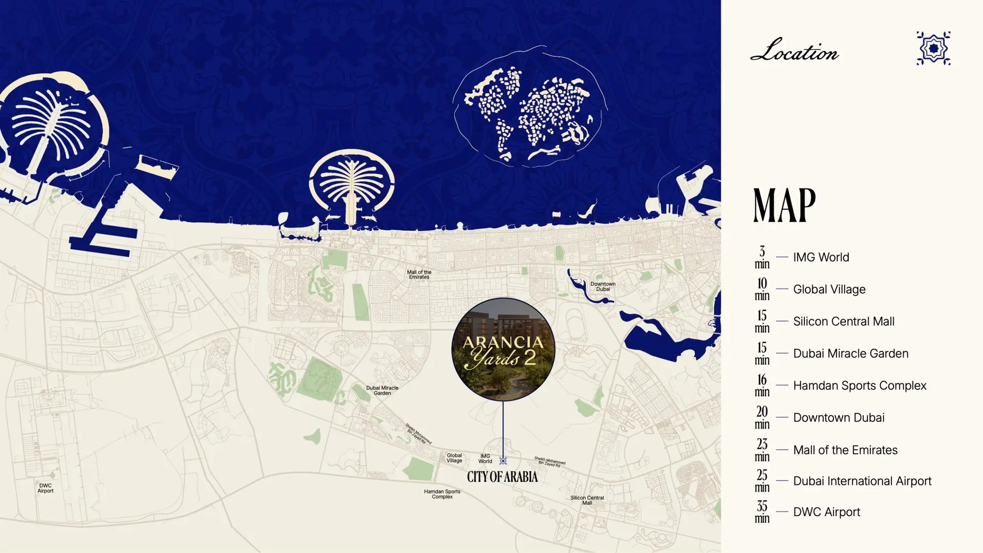 Location map of The Yards Plaza at The Yards by Beyond in City of Arabia, Dubai