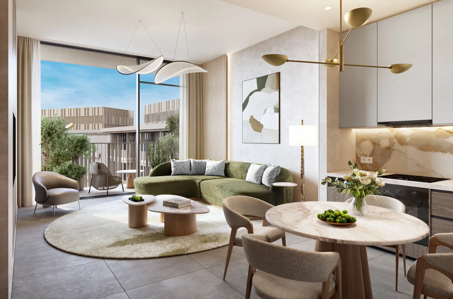 Open-plan kitchen and living room in a one-bedroom apartment at Melograno Yards by Beyond