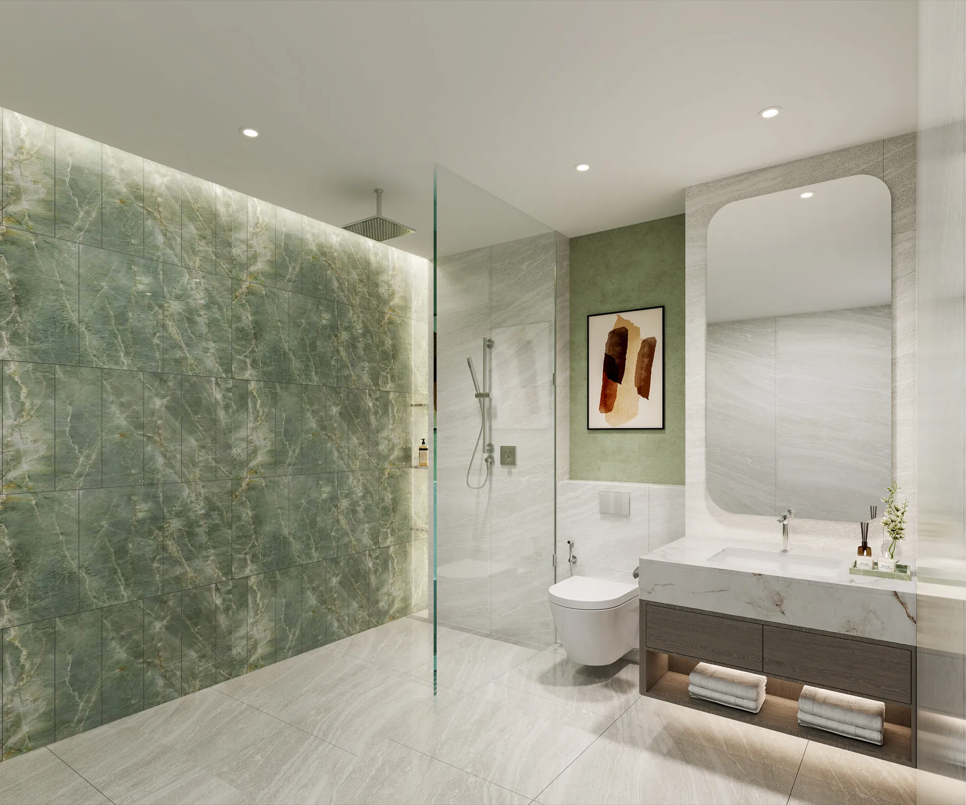 Bathroom with a green stone feature wall at Melograno Yards by Beyond