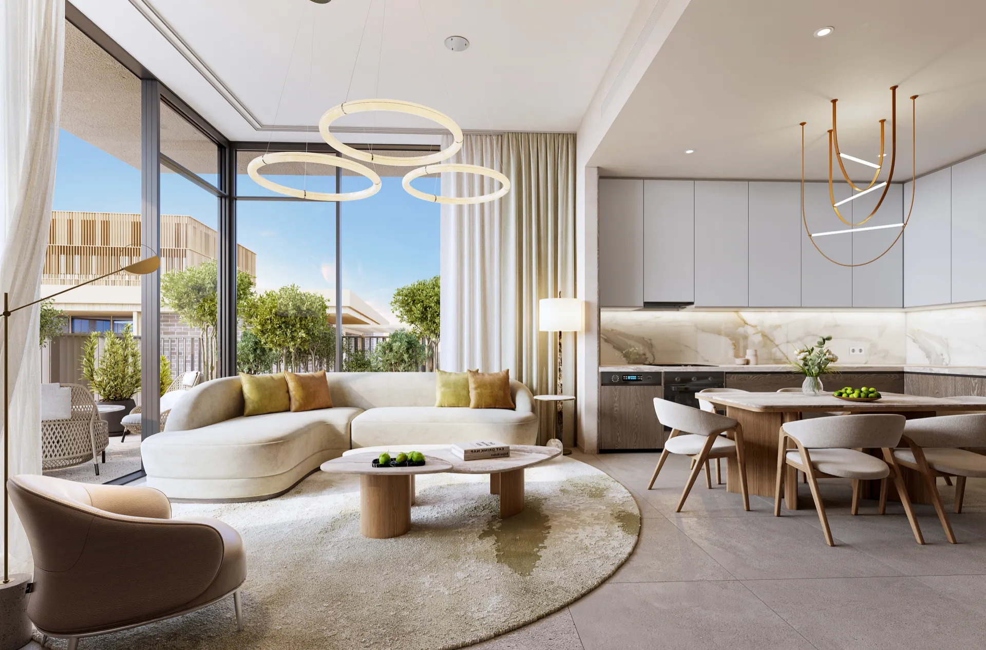 Living and dining room in a two-bedroom apartment at Melograno Yards by Beyond