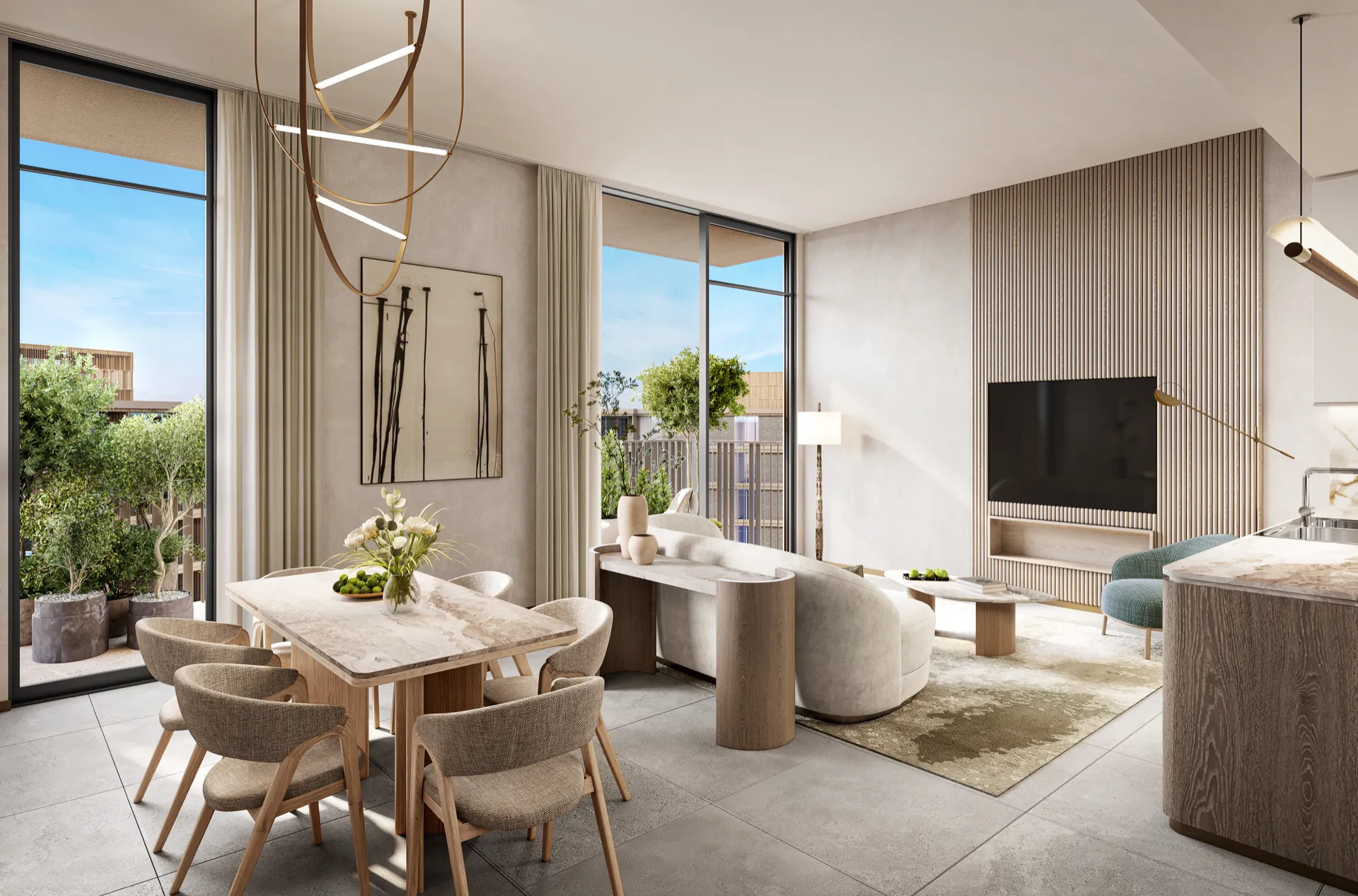 Living room with dining area in a three-bedroom apartment at Melograno Yards by Beyond