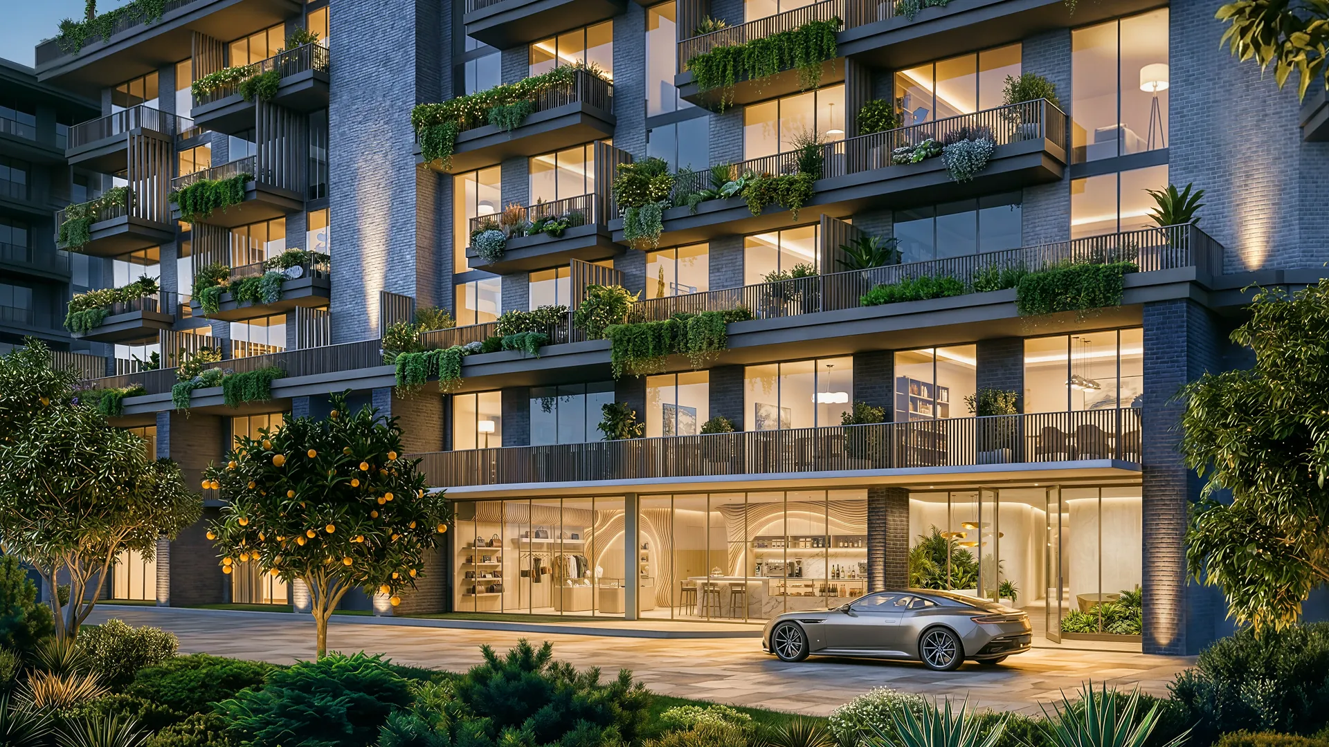 Arrival court below the apartment façades at Melograno Yards by Beyond