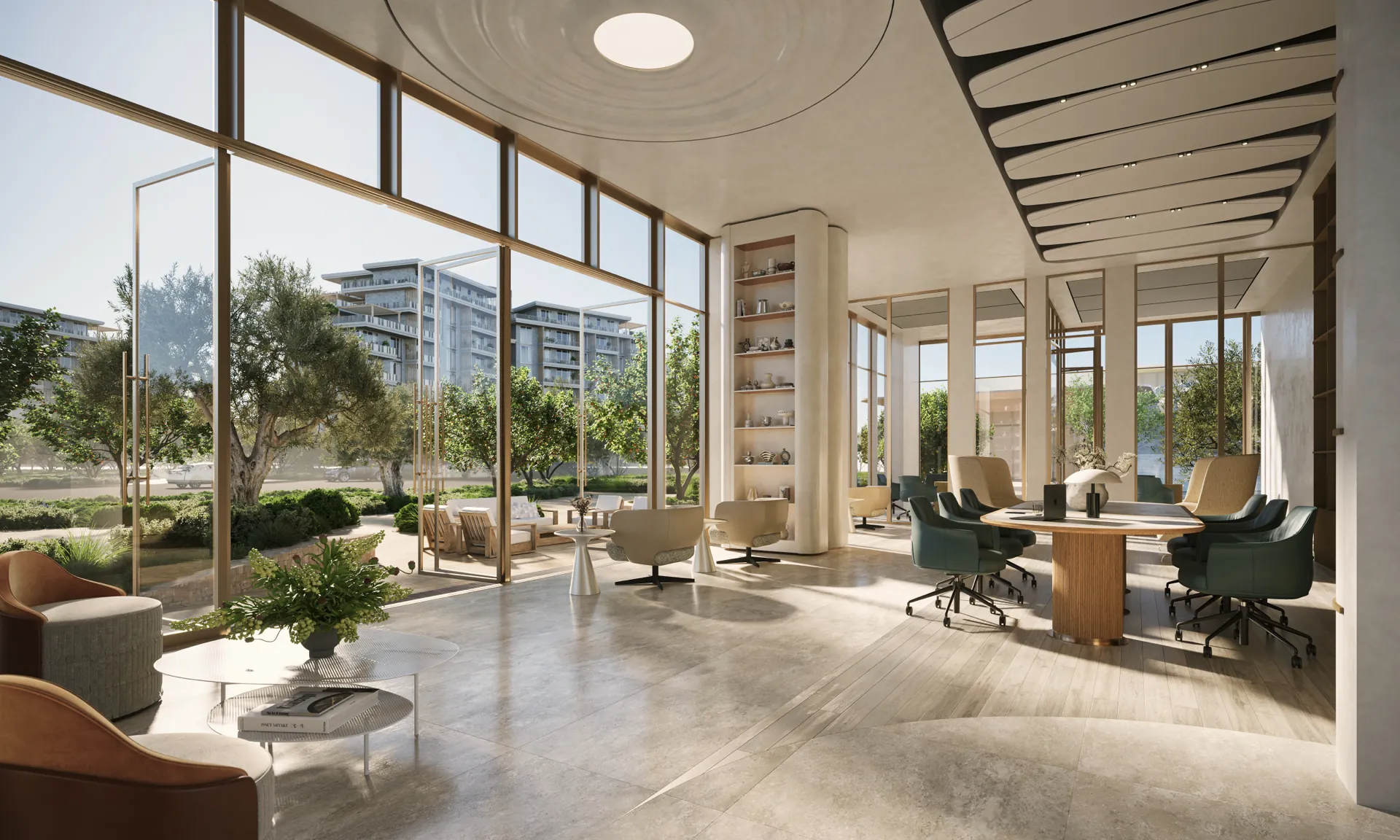 Coworking lounge with full-height glazing onto the landscape at Melograno Yards by Beyond