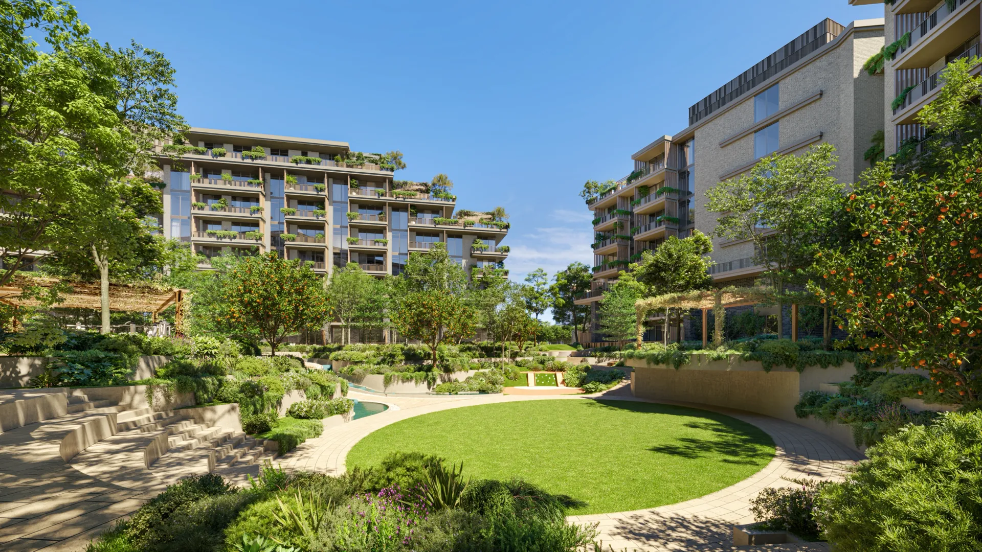 Courtyard garden framed by the apartment buildings at Melograno Yards by Beyond