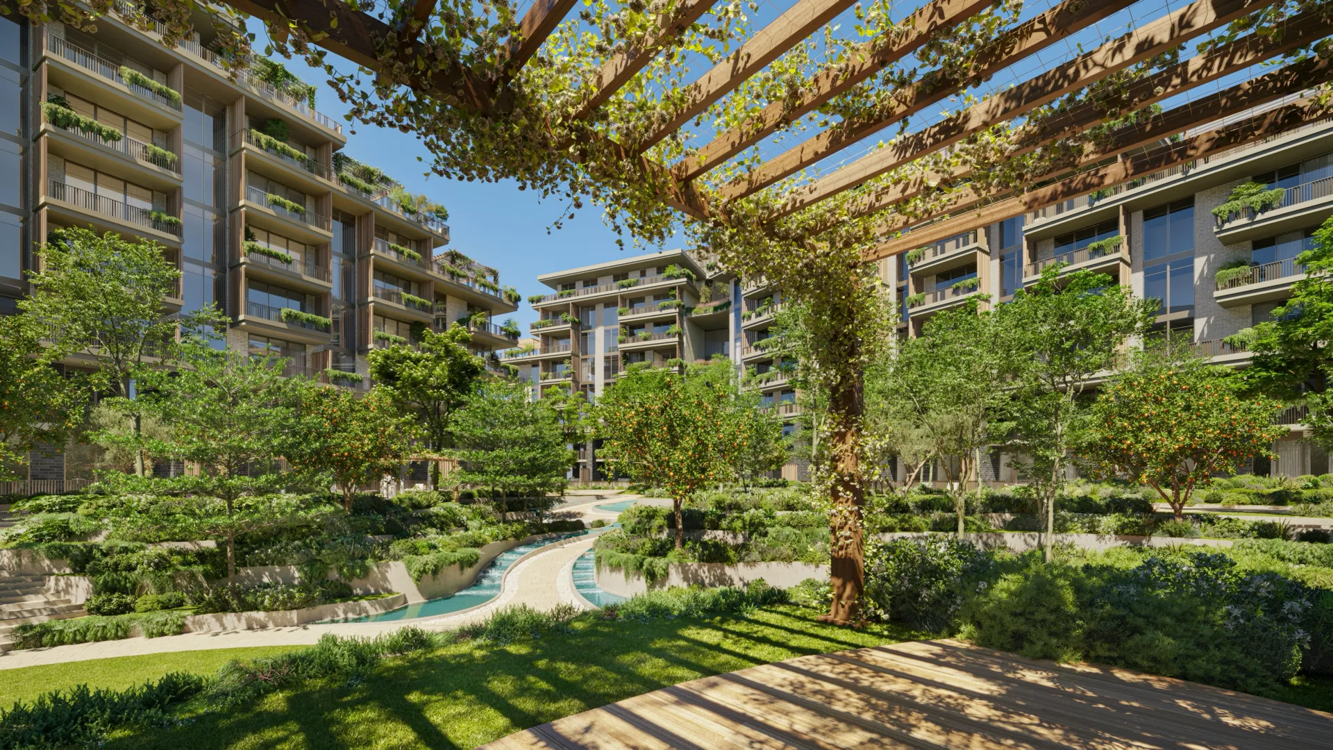 Shaded pergola walk through a courtyard at Melograno Yards by Beyond