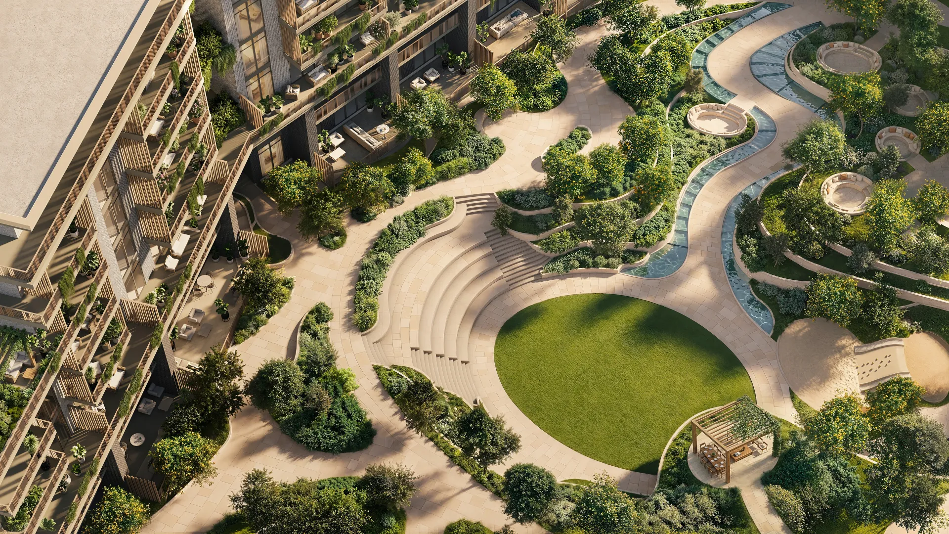 Aerial render of landscaped courtyards between the low-rise apartment buildings at Melograno Yards by Beyond