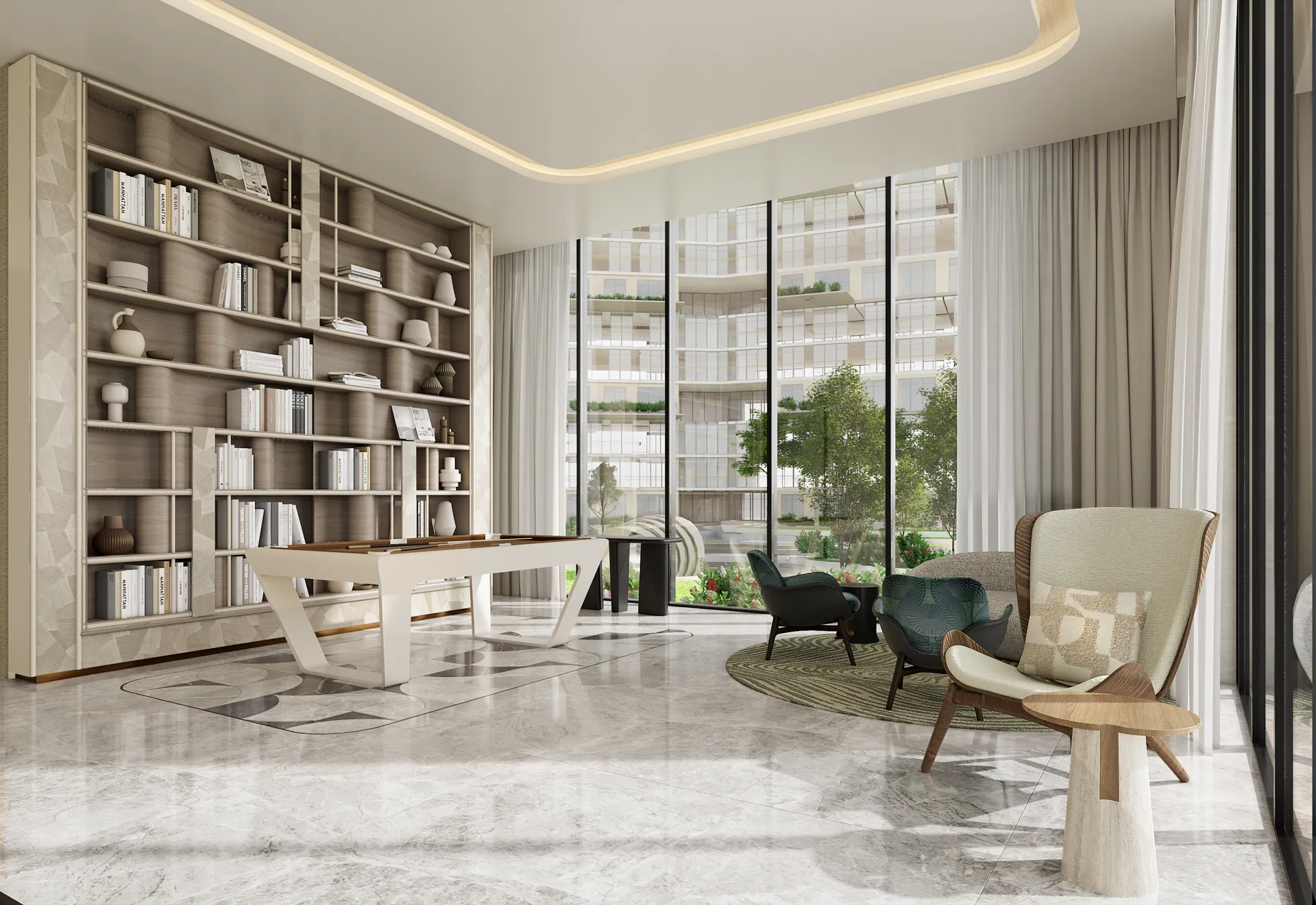 Ground-floor amenity room and library at Melograno Yards by Beyond
