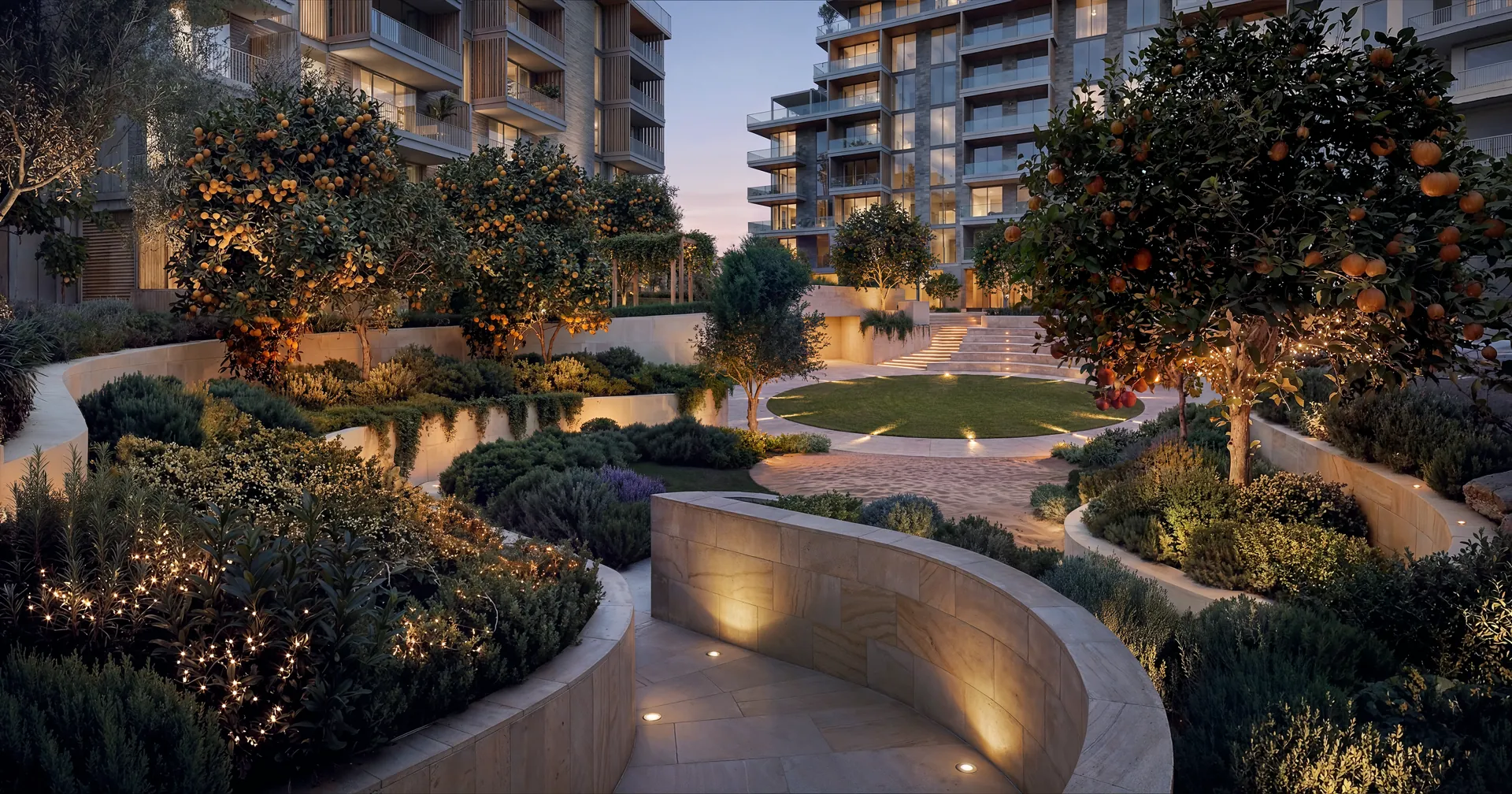 Green walkways around a lit courtyard at Melograno Yards by Beyond