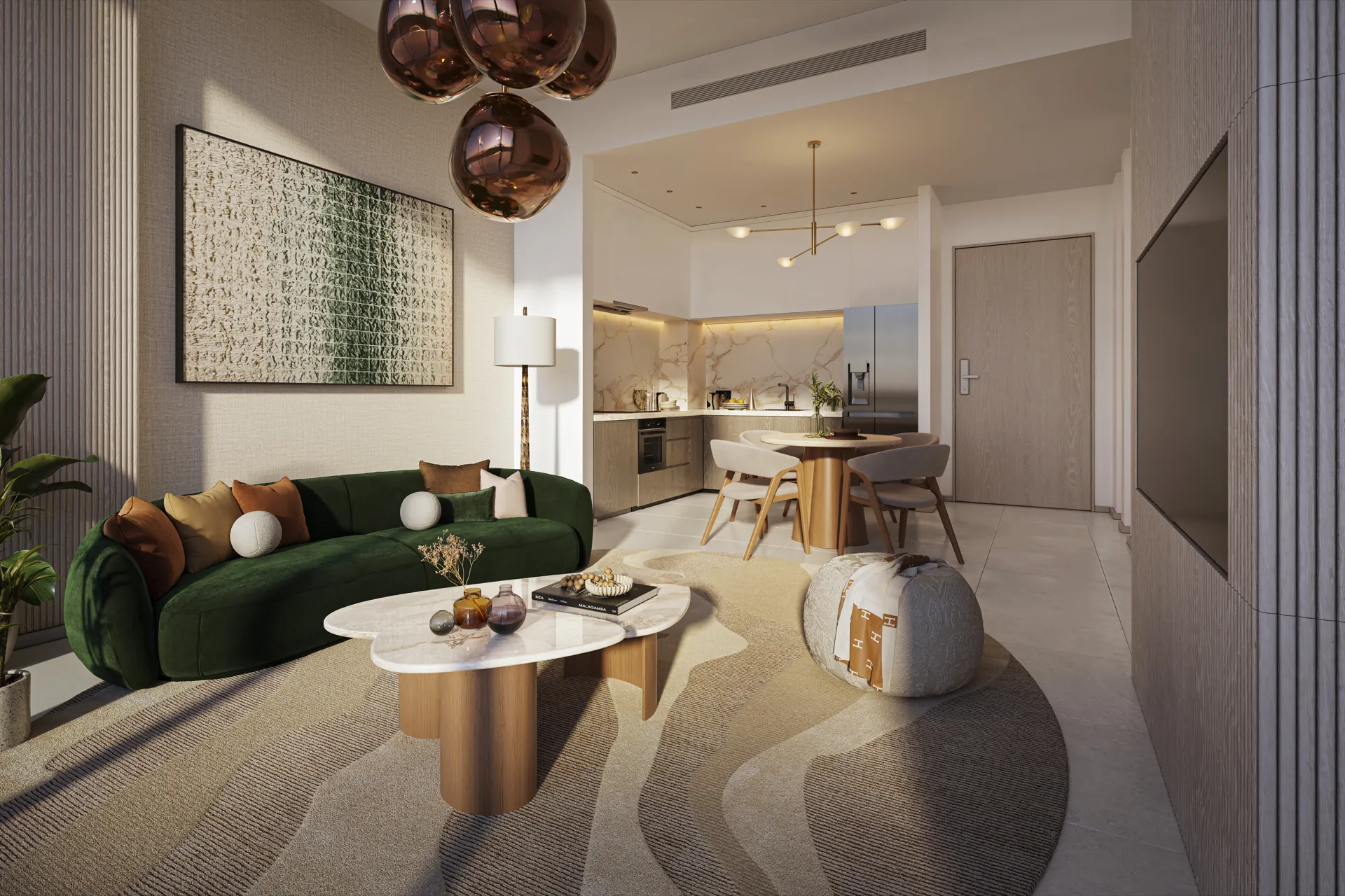Living and dining room with a green sofa and open kitchen at Melograno Yards by Beyond