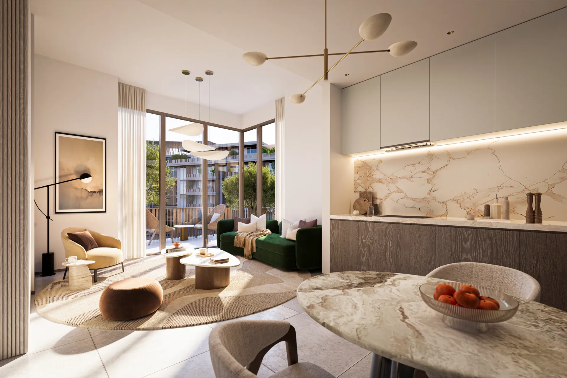 Living room with open kitchen at Melograno Yards by Beyond