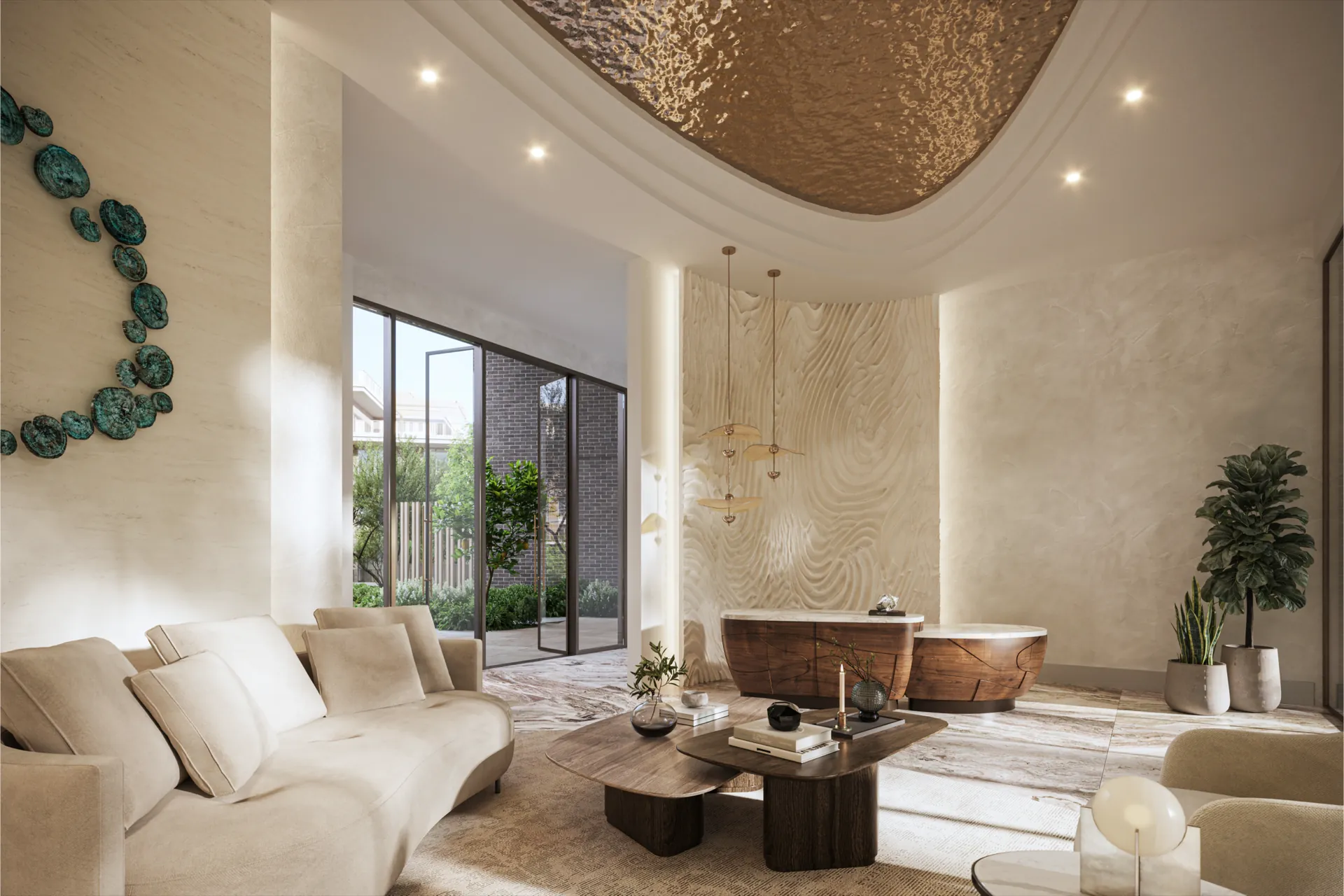 Lobby lounge beneath a sculpted ceiling at Melograno Yards by Beyond