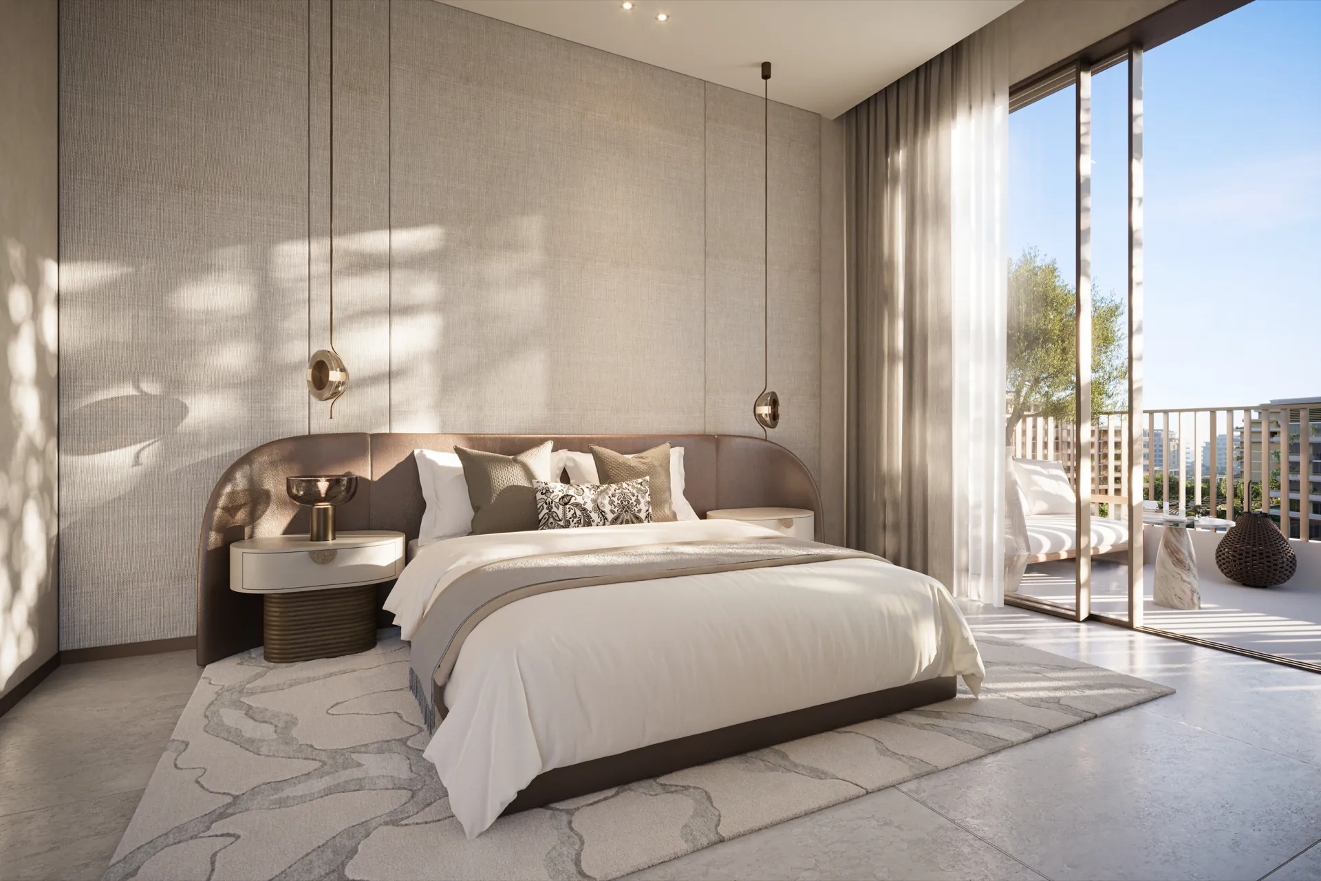 Master bedroom opening to the balcony at Melograno Yards by Beyond