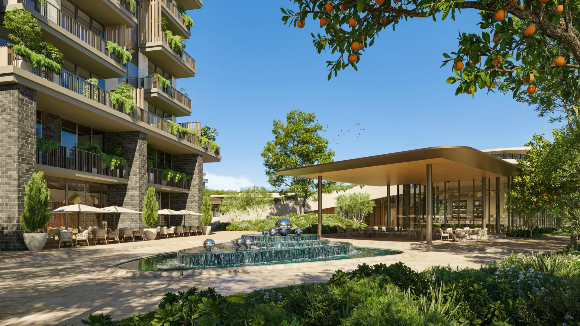 Ground-floor retail frontage on the green at Melograno Yards by Beyond