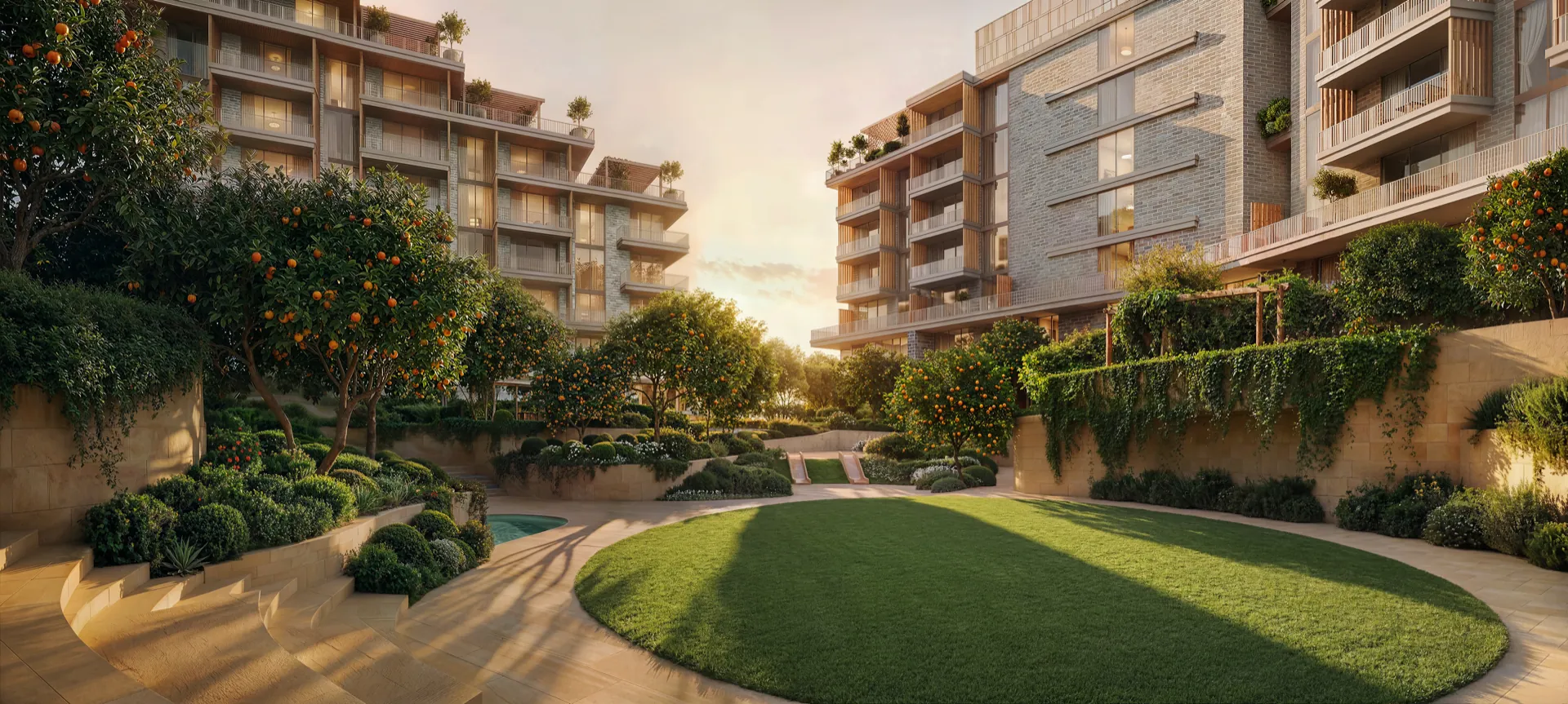 Sunken courtyard garden between the apartment buildings at golden hour at Melograno Yards by Beyond