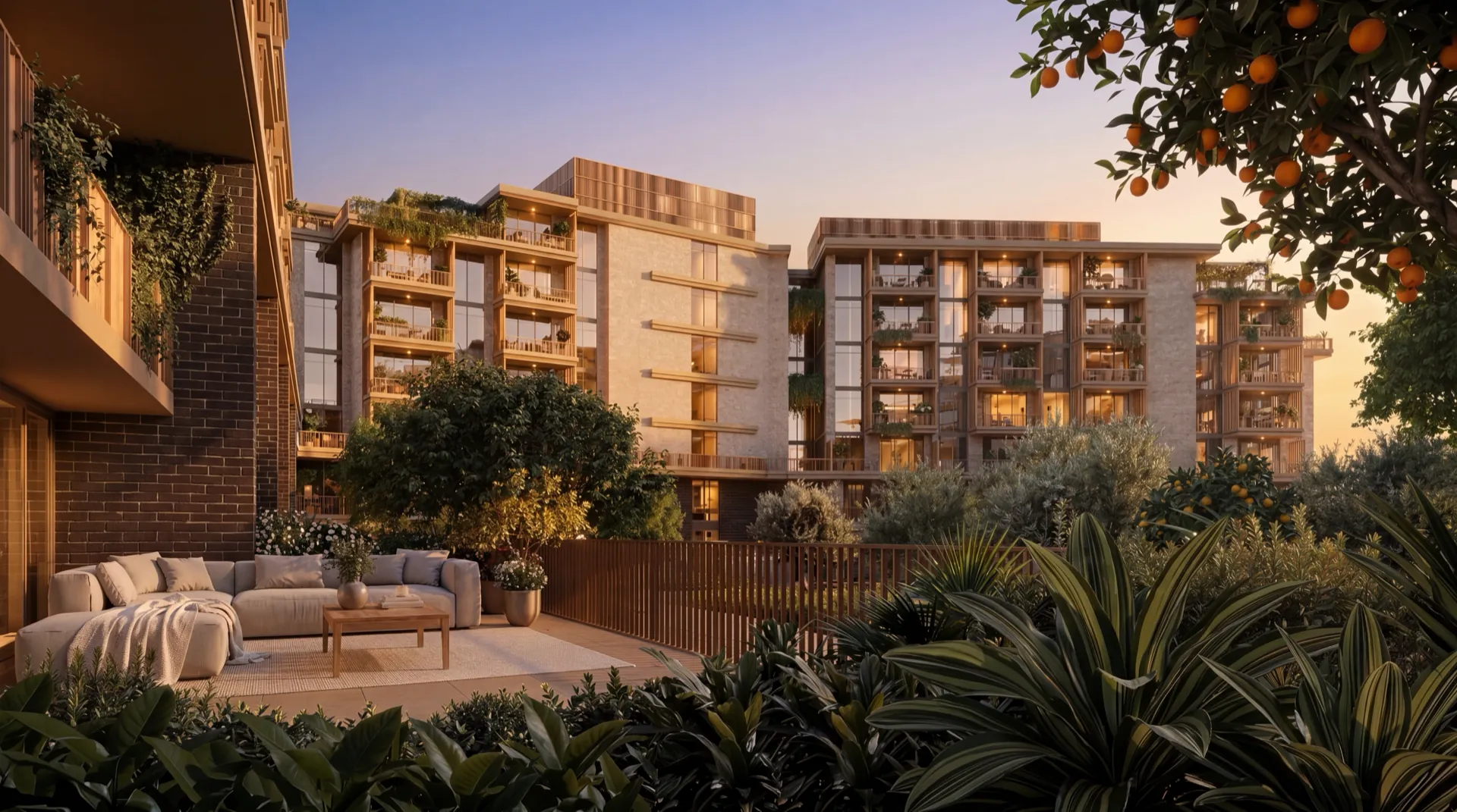 Outdoor terrace at golden hour at Melograno Yards by Beyond