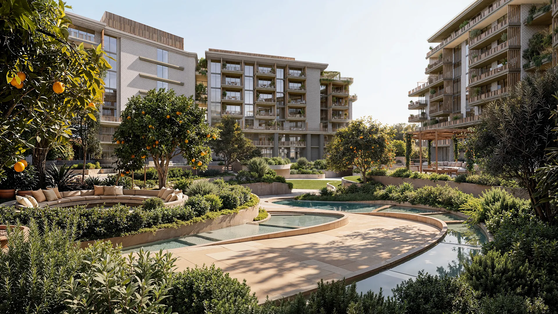 Water feature in the courtyard landscape at Melograno Yards by Beyond