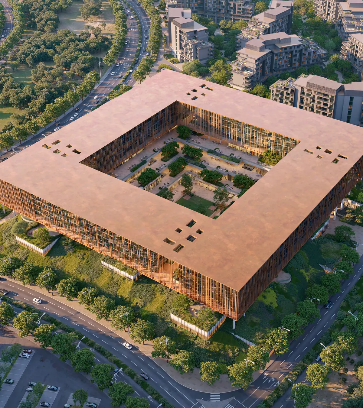 Aerial view of the four blocks around the central courtyard