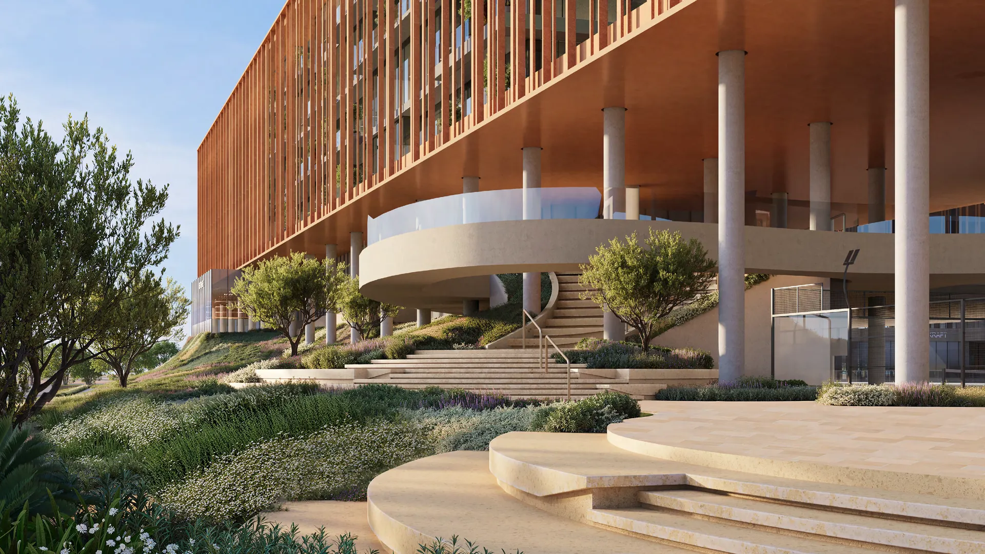 Landscaped arrival and entrance of The Yards Plaza