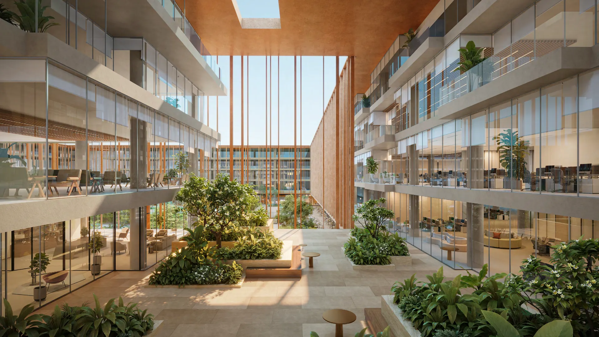 Open atrium with planted terraces inside The Yards Plaza