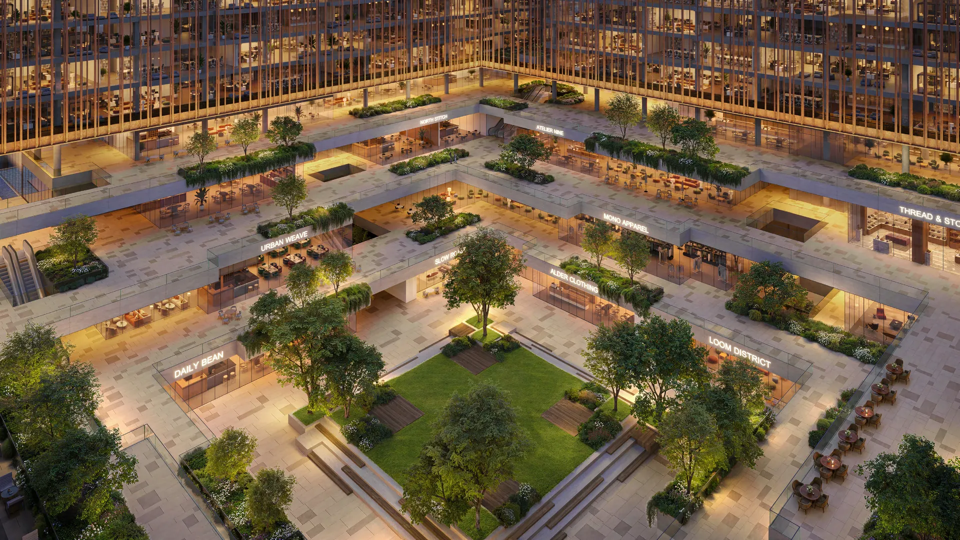 Landscaped central courtyard between the four blocks of The Yards Plaza
