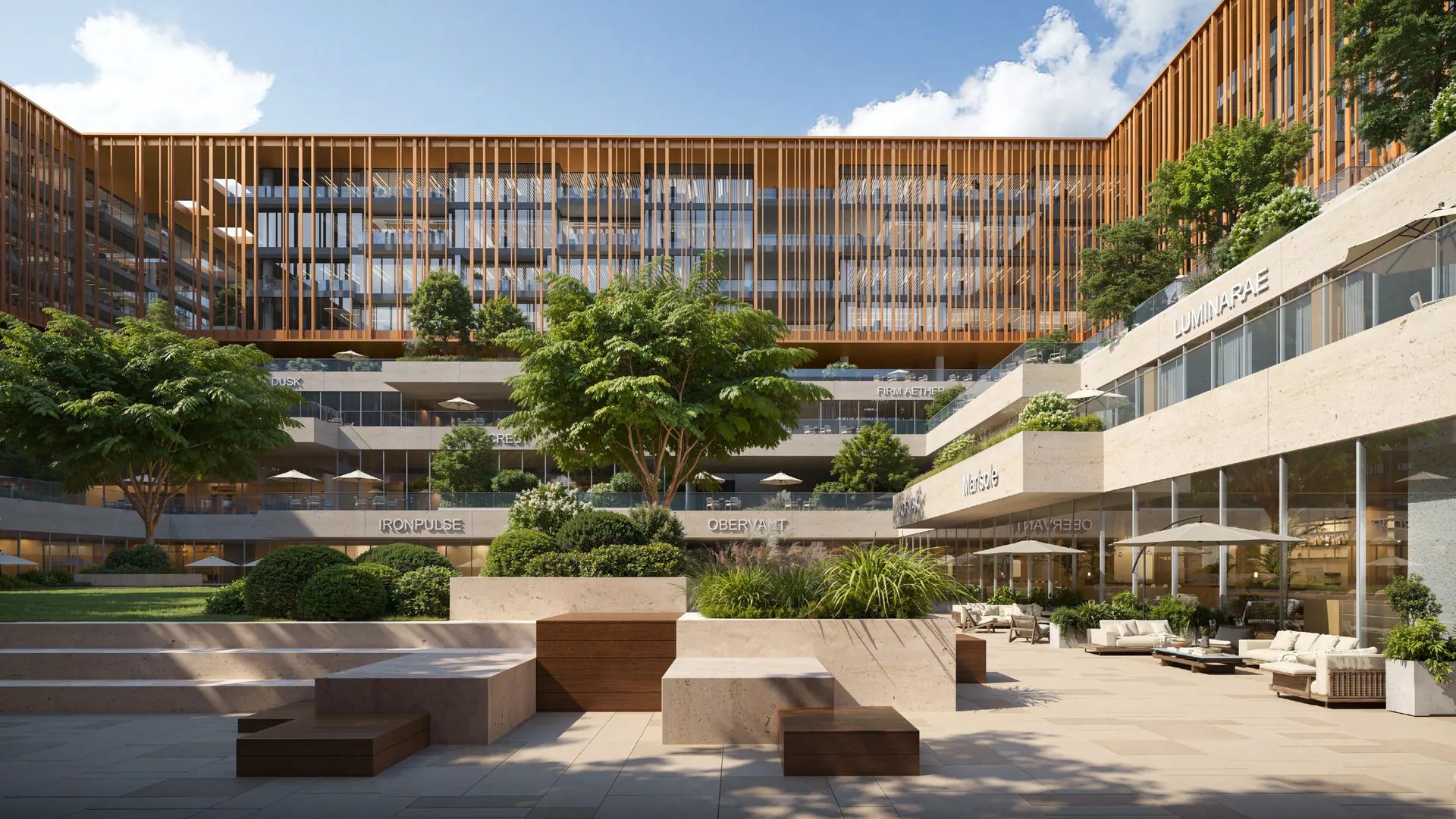 Courtyard seating and terraces between the blocks