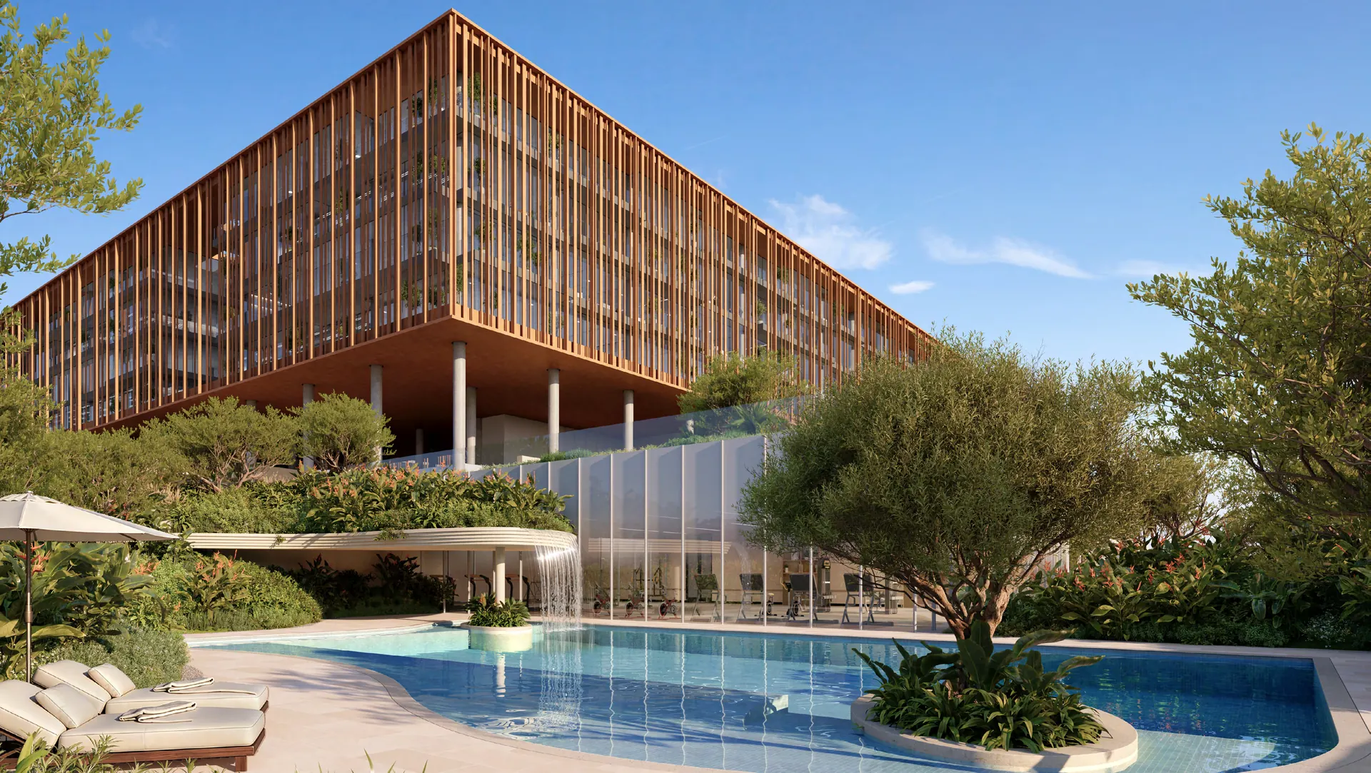 Lap pool and landscaped deck at The Yards Plaza