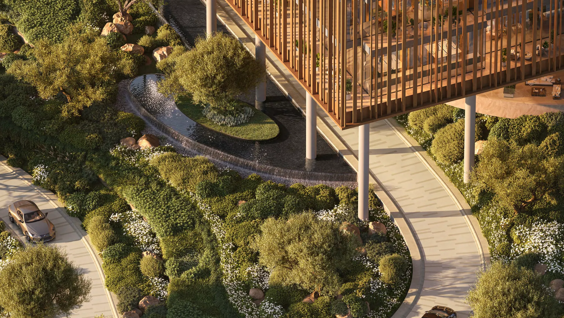 Sculpted landscape and pathways beneath the louvered façade