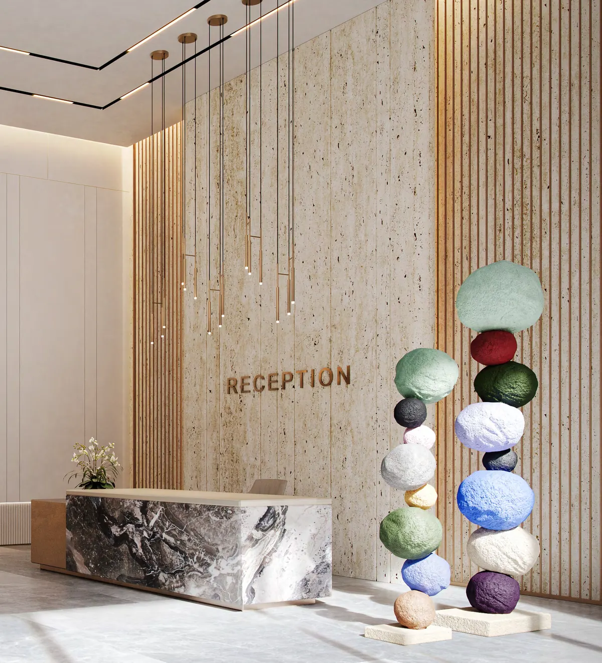 Stone-clad lobby reception
