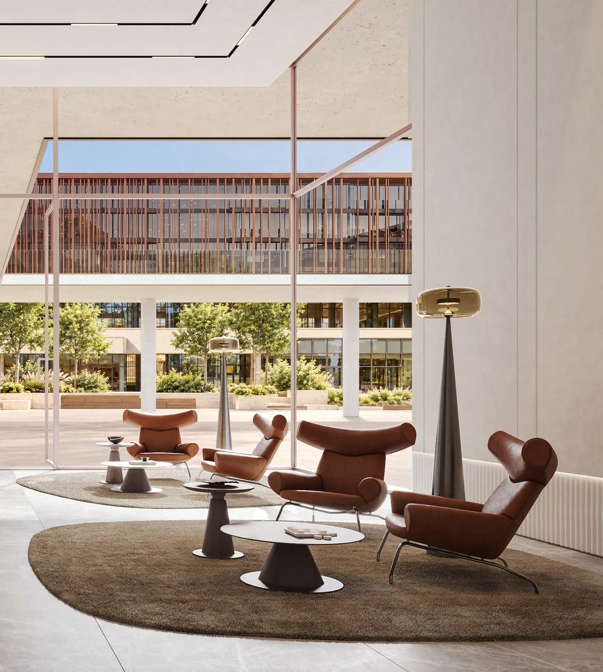 Lounge seating overlooking the façade