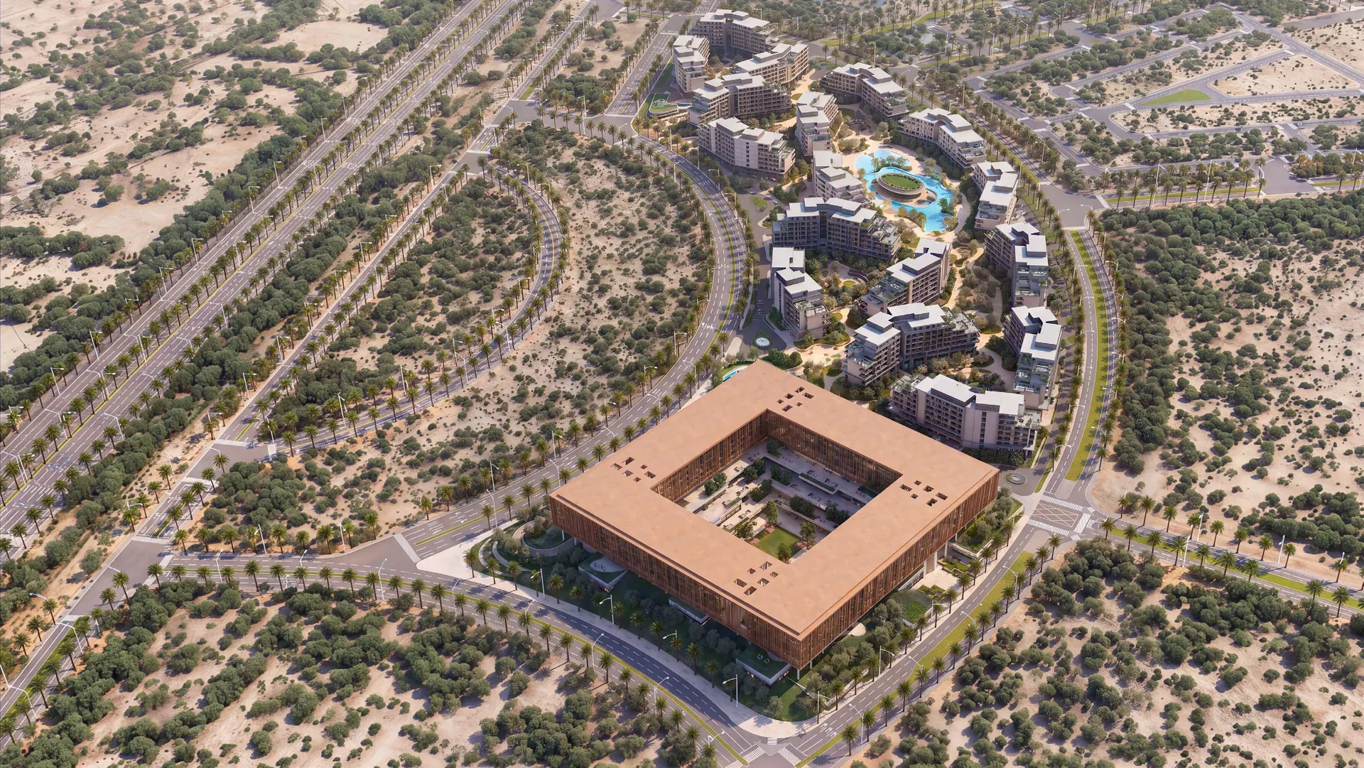 Aerial render of The Yards Plaza beside the residential masterplan of The Yards by Beyond