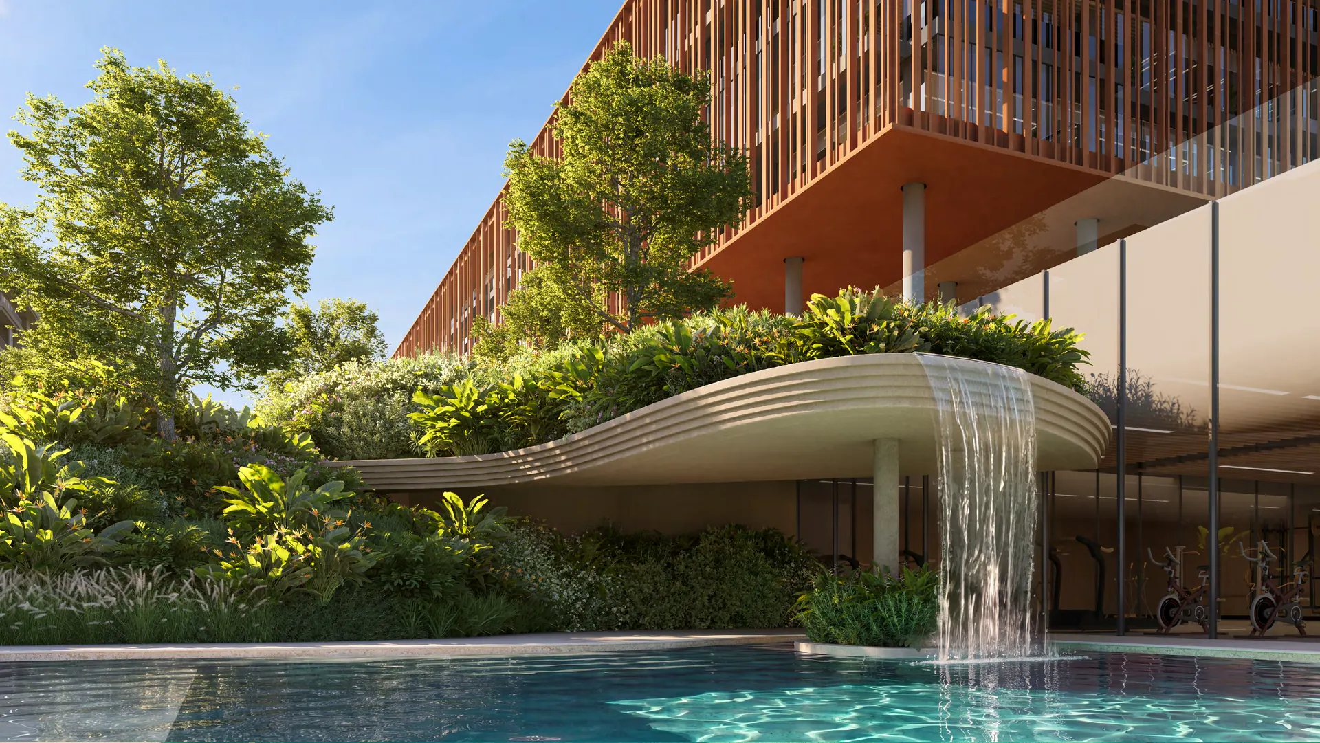 Water feature cascading from the landscaped podium