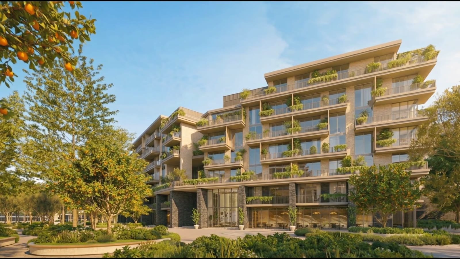 Residences framed by orange trees