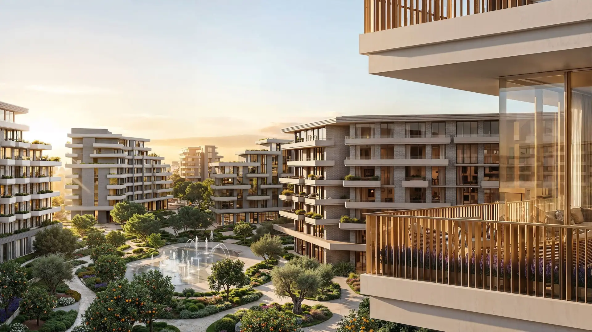Arancia Yards residences around a landscaped green valley at sunset