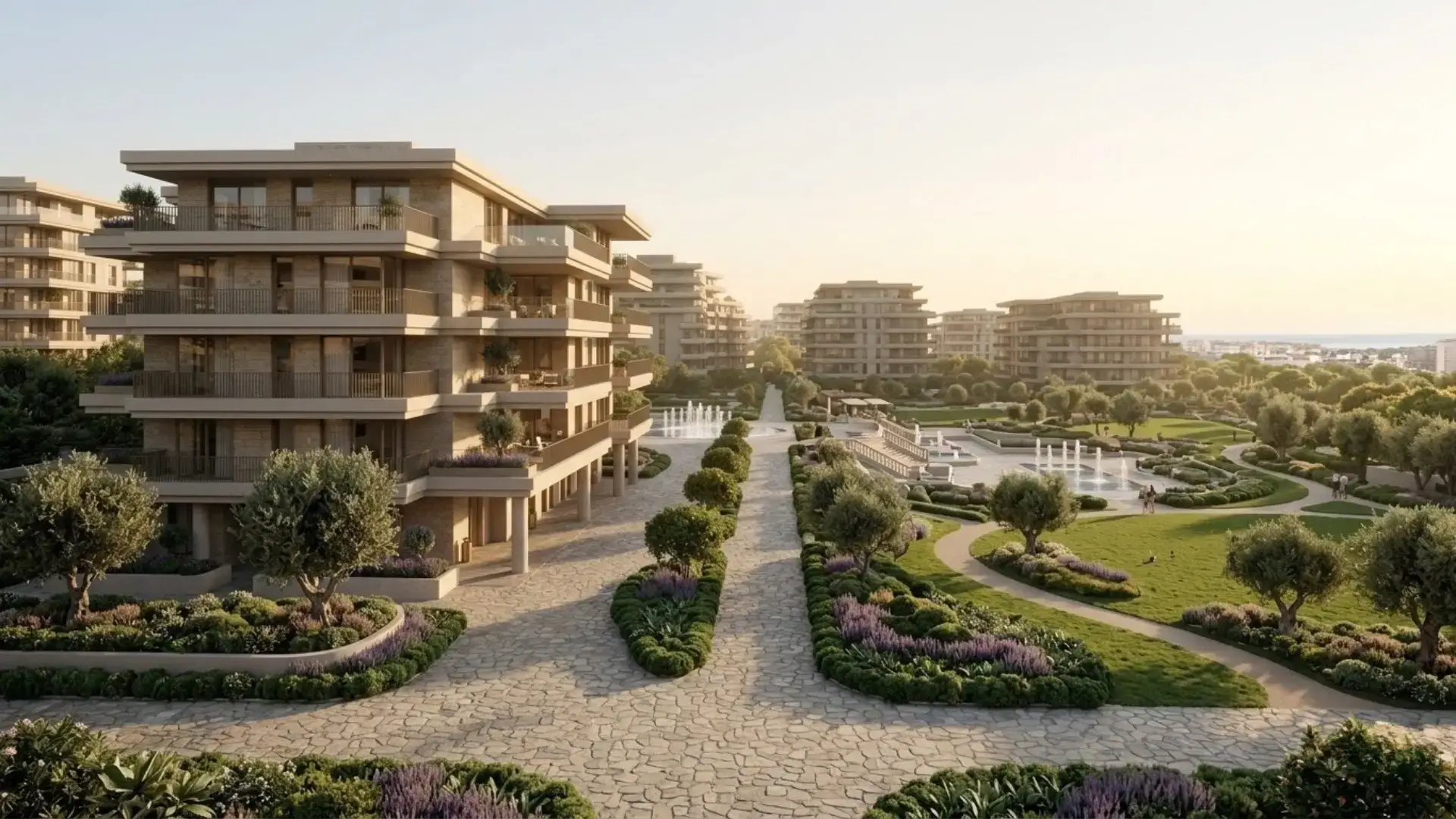 Arancia Yards by Beyond community walkway and landscaped canal, City of Arabia Dubai